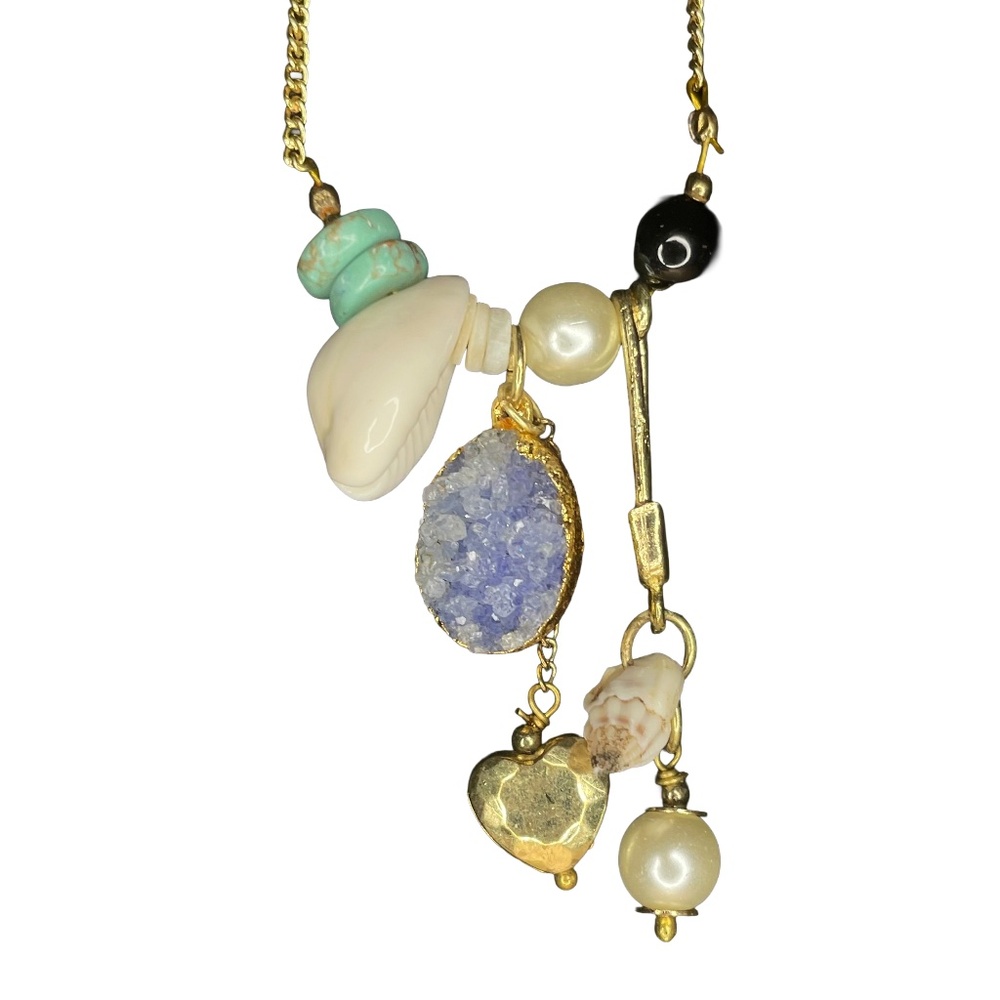 LETO Collection Stone Gem Charm/Pendant Necklace Gold Toned Seashell Beads 17"